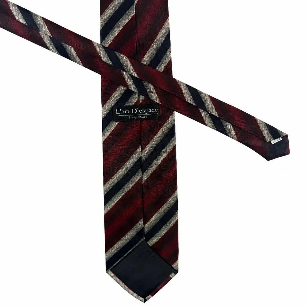 L'art D'espace Tie Mens Red Navy Blue Silver Diagonal Stripe Italian Necktie